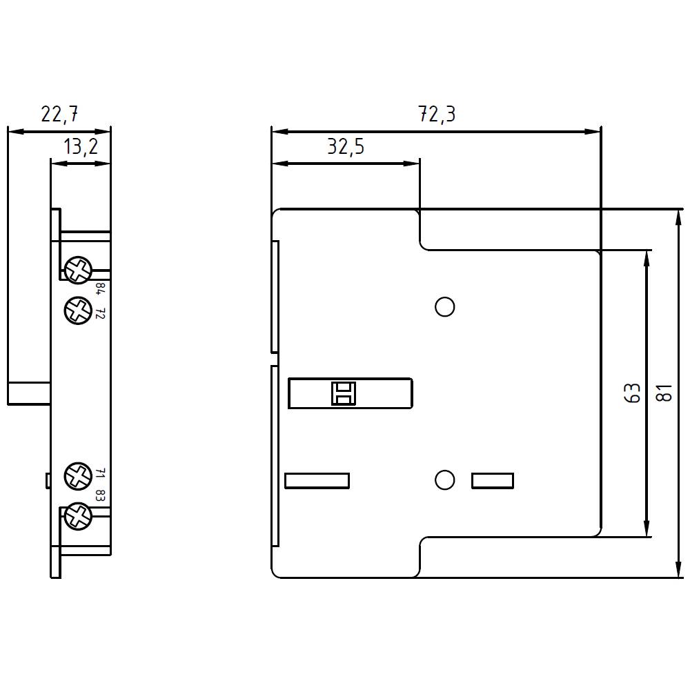 Technische Zeichnung einer rechteckigen Halterung mit genauen Maßen: Länge 81 mm, Breite 72,3 mm, Höhe 22,7 mm. Ideal für Montageplanung.