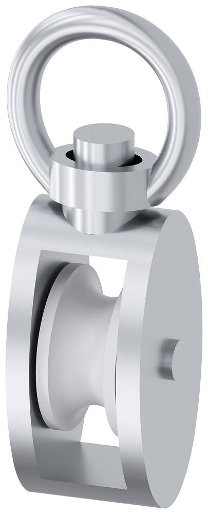 Ein silbernes Metallstück, bestehend aus einem Ring oben, verbunden mit einem zylinderförmigen Körper, der eine Riemenscheibe enthält.