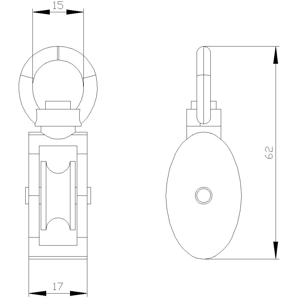 Technische Zeichnung eines Hakens mit zwei Ansichten: Frontansicht zeigt Haken und Rolle mit Maßen; Seitenansicht zeigt Gesamthöhe von 62 mm.