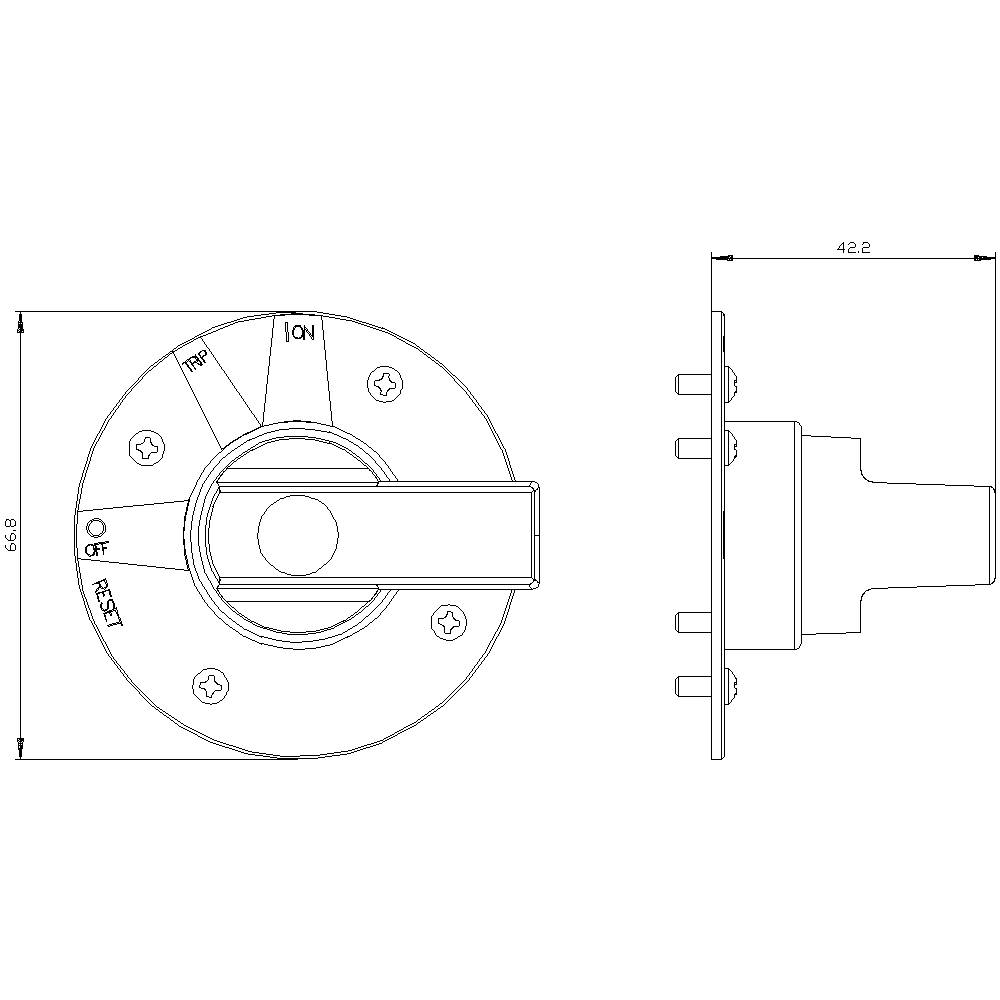 Technische Zeichnung eines Schalters mit markierten Positionen 'OFF', 'TRIP', 'ON', und 'RESET'. Maße: 62,9x42,2 mm.