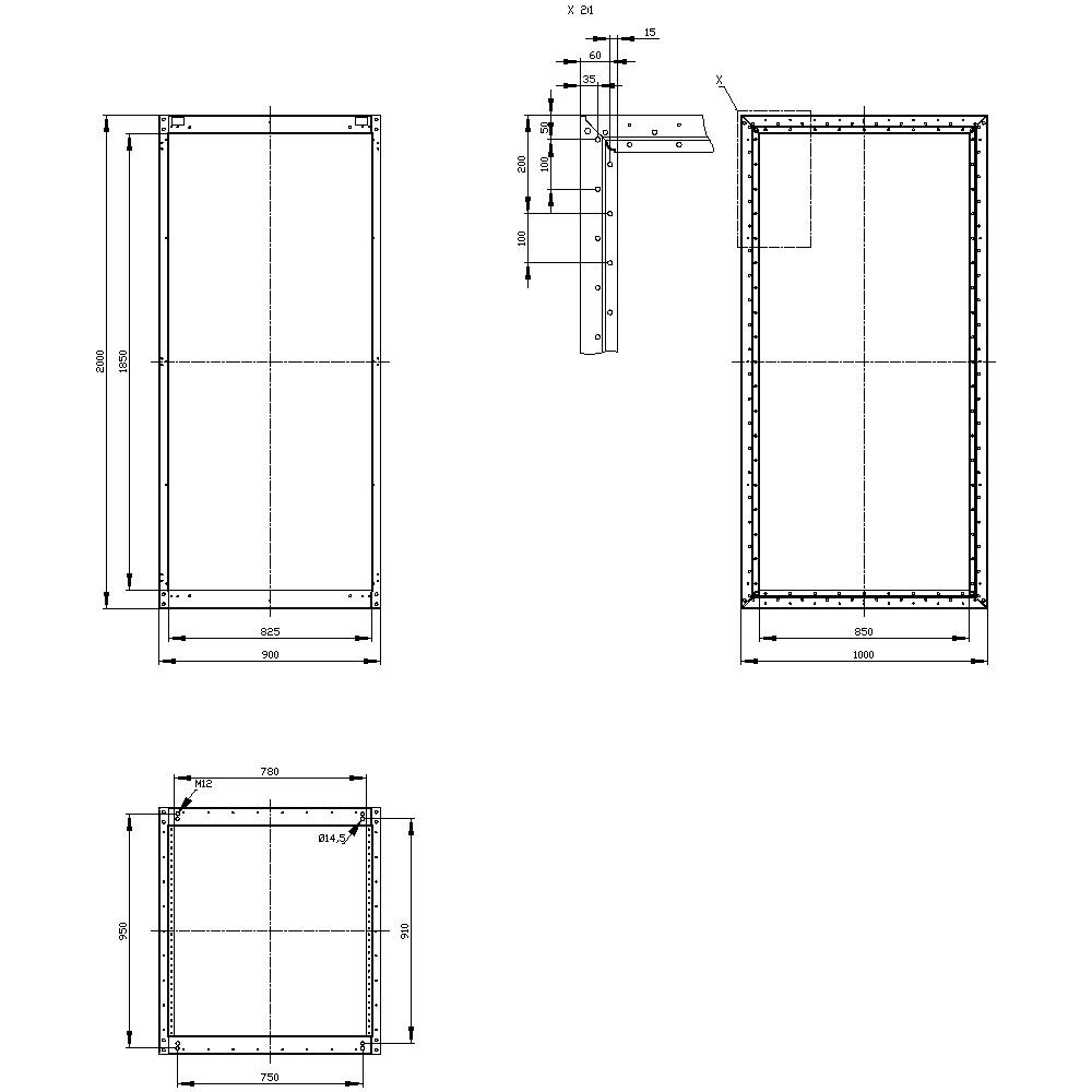 Technische Zeichnung eines rechteckigen Rahmens mit Bemaßungen. Zeigt Vorder-, Seiten- und Draufsicht mit genauen Maßen in Millimetern.