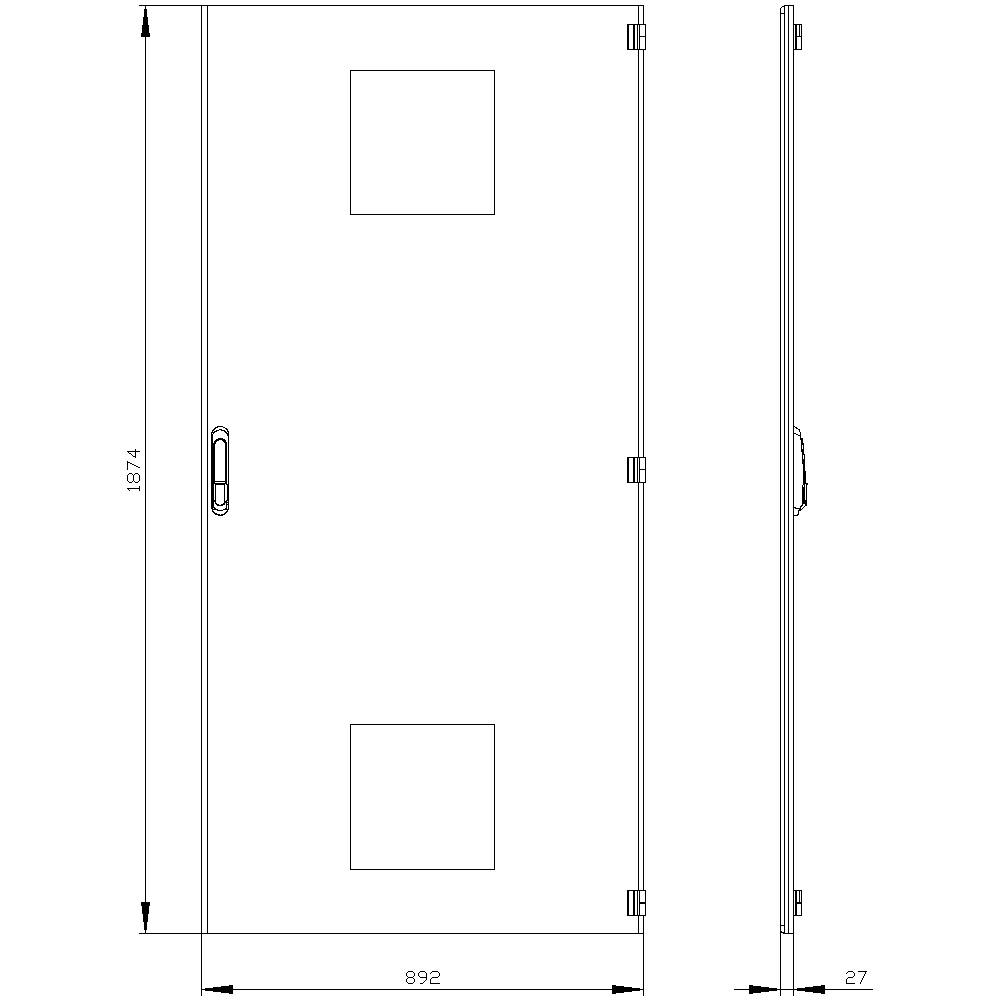 Technische Zeichnung zweier Ansichten einer Tür: frontale Ansicht mit zwei quadratischen Fenstern und seitliche Profilansicht. Maße: 1874 mm Höhe, 892 mm Breite, 27 mm Tiefe.
