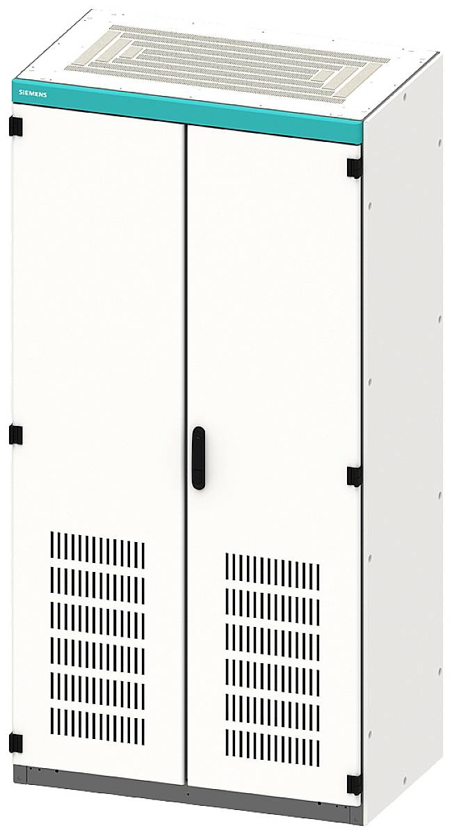 Ein weißer Metallschrank mit Lüftungsschlitzen und Doppeltüren, verwendet zur Aufbewahrung von elektronischen Geräten oder Servern.