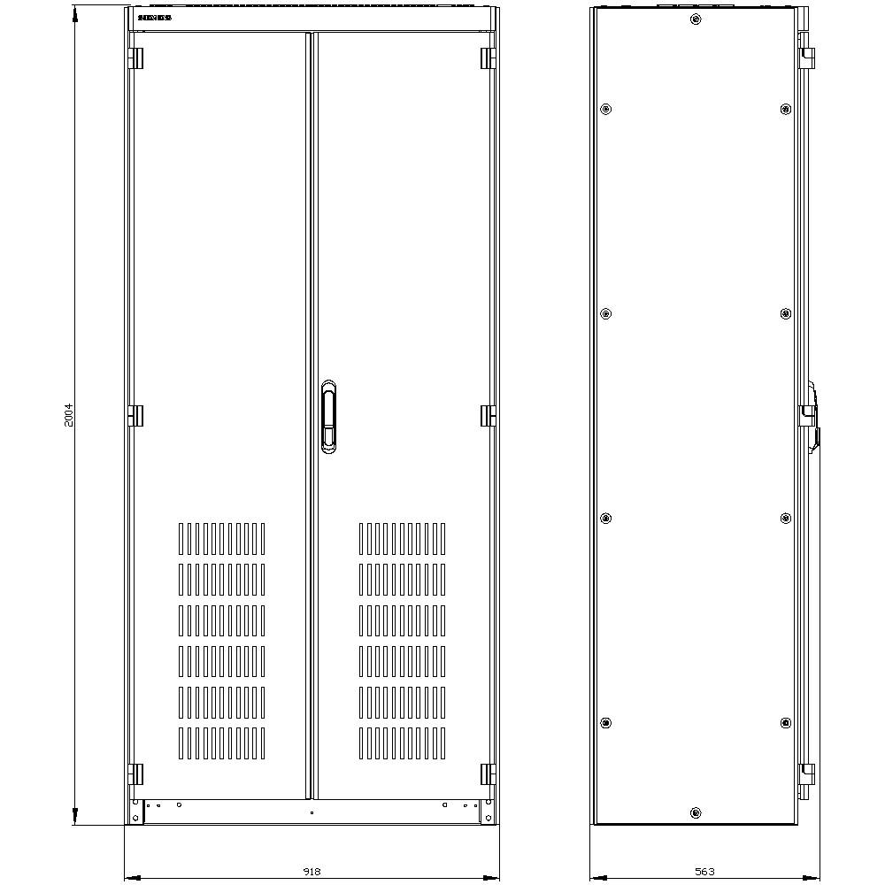 Technische Zeichnung eines Schaltschranks mit Vorder- und Seitenansicht. Abmessungen: Höhe 2054 mm, Breite 918 mm, Tiefe 365,3 mm.