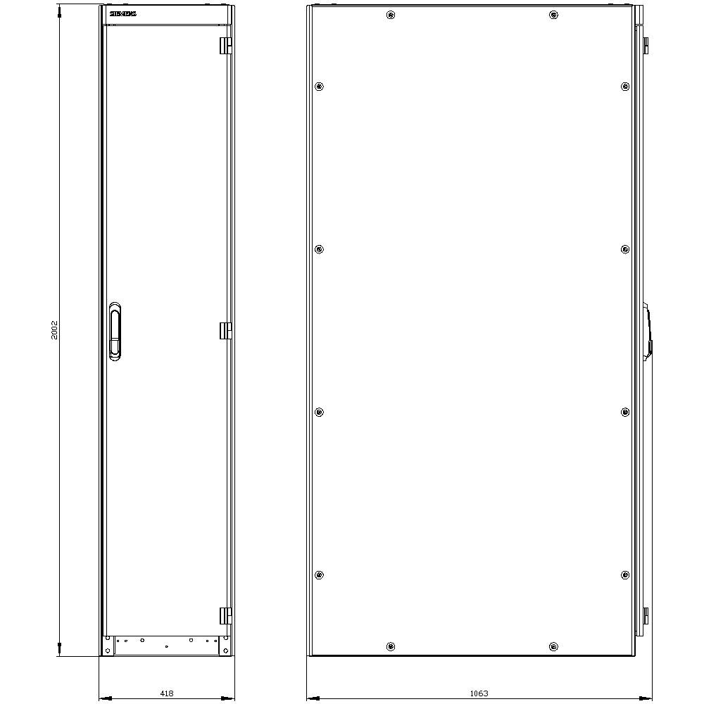Zwei technische Zeichnungen eines Metallschranks mit sichtbaren Maßen, links von vorne, rechts von der Seite, zeigen Details und Abmessungen.