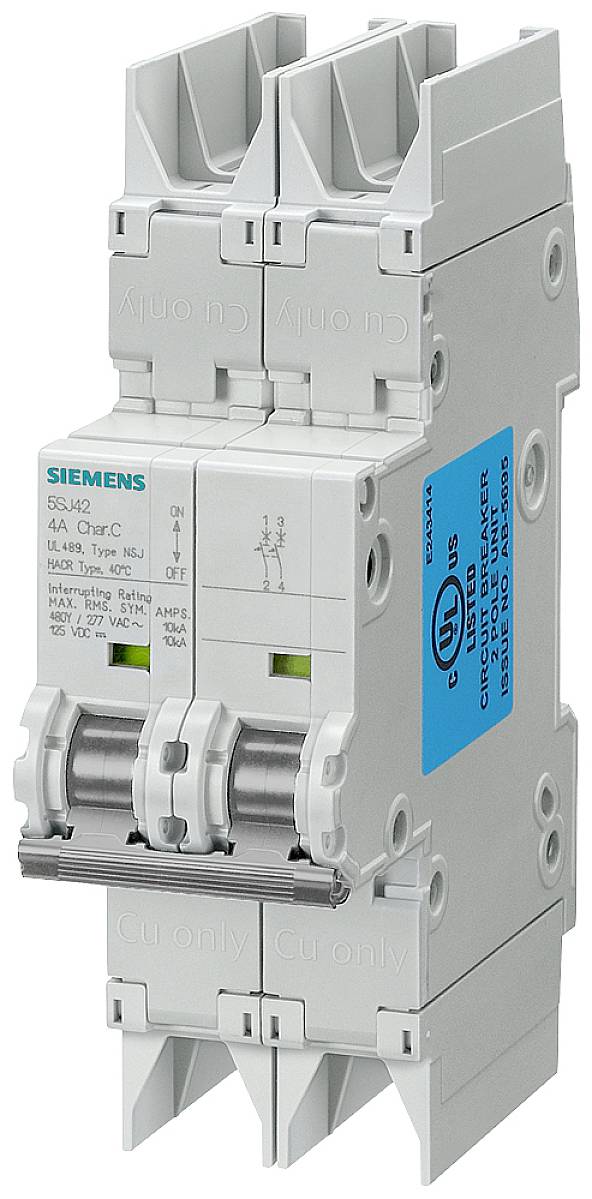 Ein zweipoliger Leitungsschutzschalter der Marke Siemens. Weißes Gehäuse mit blauen und schwarzen Beschriftungen auf der Vorderseite.