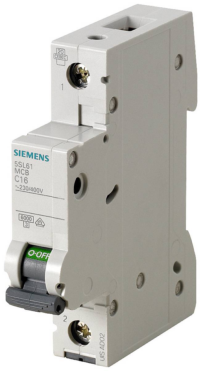 Siemens-Leitungsschutzschalter, Modell 5SL6, 16 Ampere. Schalterstellung 'O' für 'Aus' sichtbar. Montierbar in Sicherungskasten.