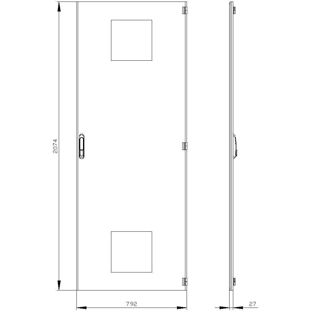 Türenentwurf mit Maßen: Höhe 2074 mm, Breite 792 mm, Tiefe 27 mm. Enthält zwei quadratische Fenster und Türgriffdetails.
