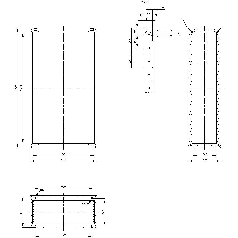 Technische Zeichnung eines rechteckigen Metallrahmens mit Maßen in Millimetern. In der Seitenansicht und Draufsicht dargestellt.