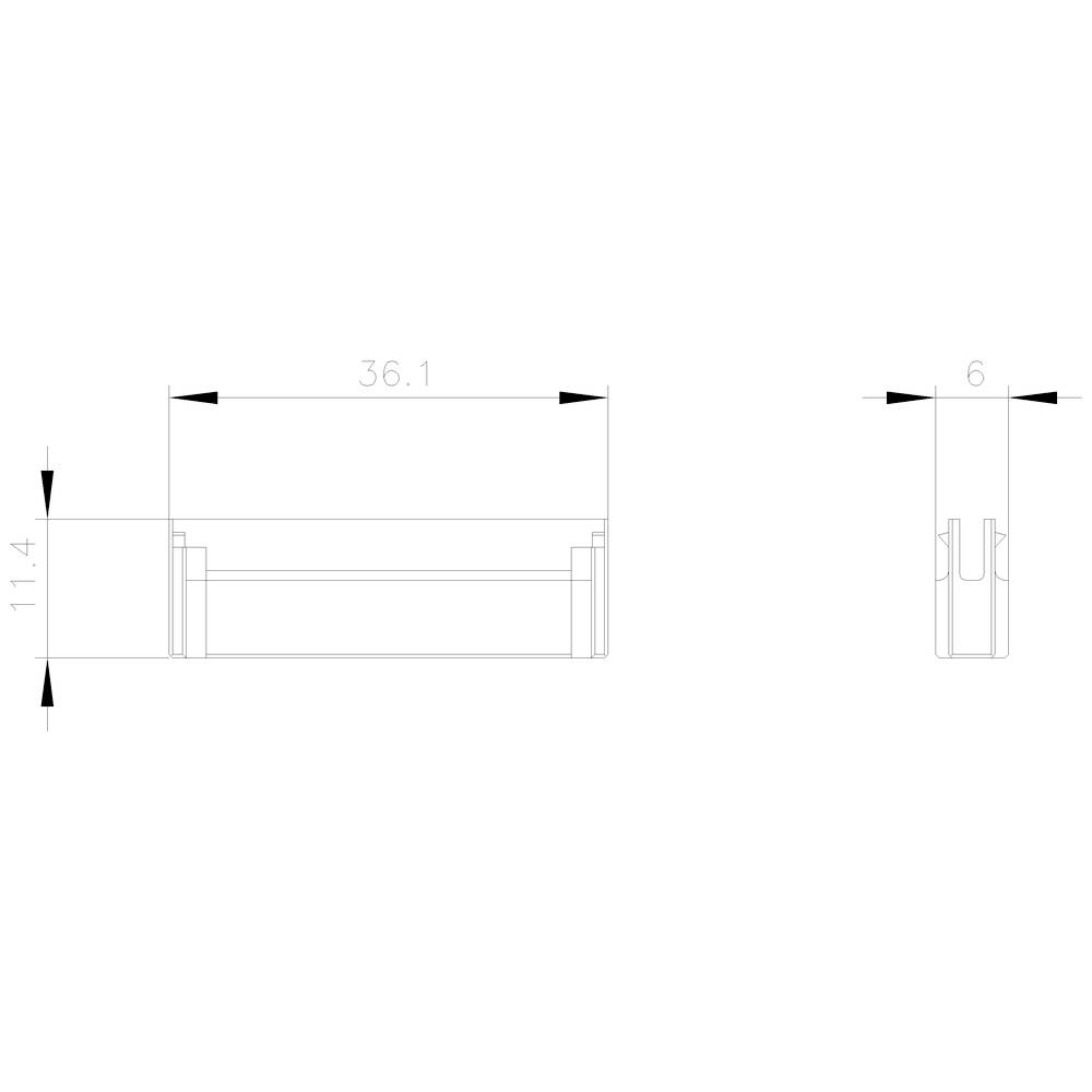 Technische Zeichnung eines rechteckigen Objekts mit Maßen: Breite 36.1 mm, Höhe 11.4 mm, Tiefe 6 mm. Seiten- und Frontansicht.