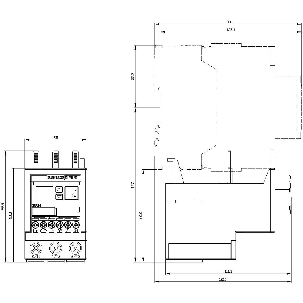 Technische Zeichnung eines elektrischen Relaismoduls mit detaillierten Maßen in Millimetern. Vorder- und Seitenansicht dargestellt.