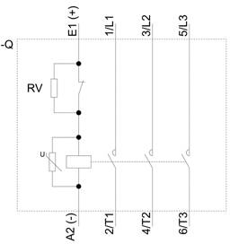 Schaltplan eines Relaisschaltkreises mit Anschlüssen E1 (+), A2 (-), sowie RV, U und mehreren Verbindungen zu T1, T2, T3.