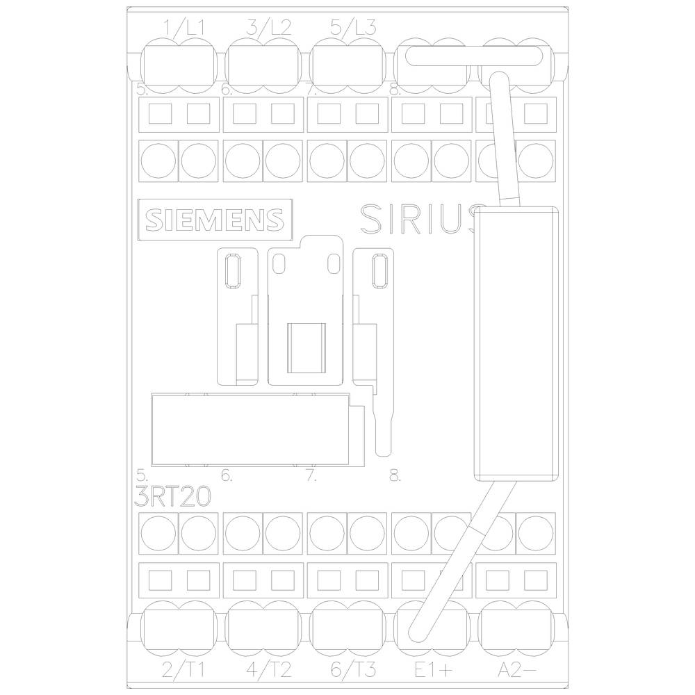 Schaltplan eines Siemens SIRIUS 3RT20 Kontaktschalters. Oben Anschlussklemmen 1/L1, 3/L2, 5/L3. Unten 2/T1, 4/T2, 6/T3, E1+, A2-. Diagramm zeigt Schaltverbindungen.