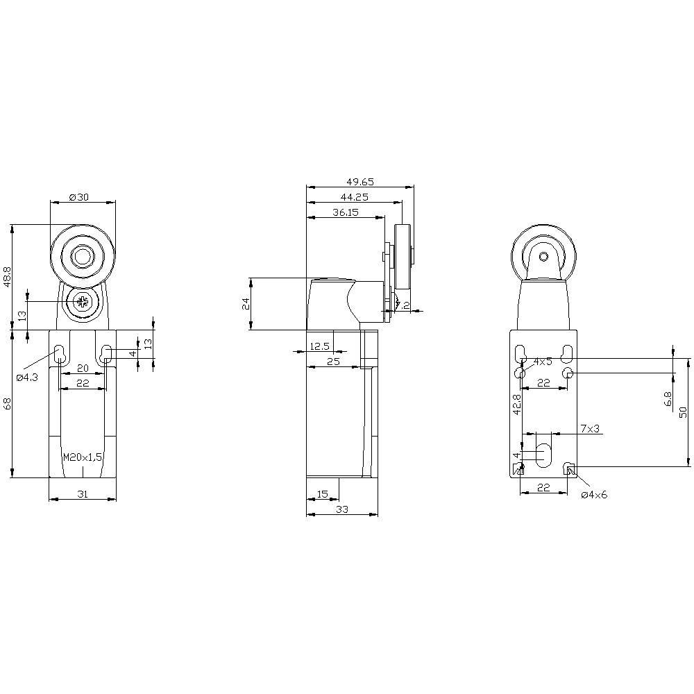 Technische Zeichnung eines Mechanikteils mit Maßen in Millimetern. Seiten- und Vorderansicht zeigen Details und Bohrungsabstände.