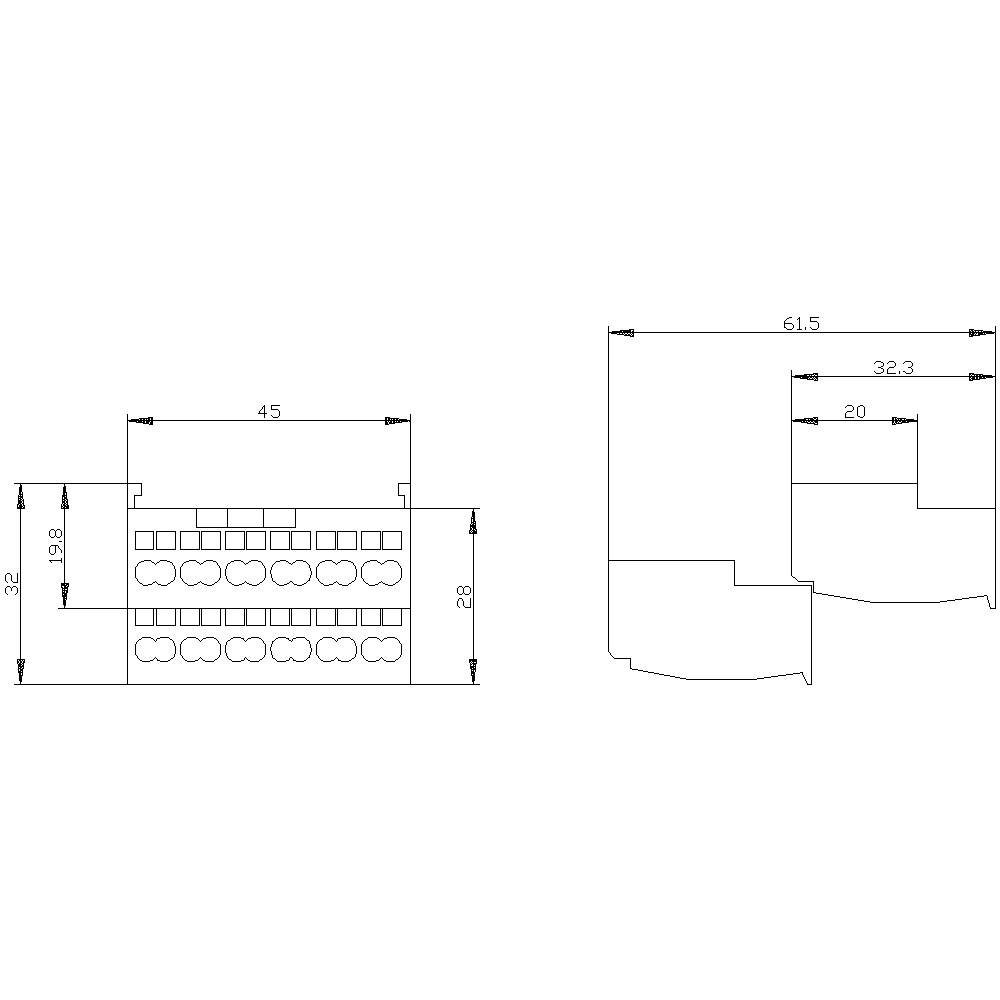 Technische Zeichnung eines Anschlussmoduls mit Abmessungen: Breite 45 mm, Höhe 32 mm. Die seitliche Ansicht zeigt eine Tiefe von 61,5 mm.