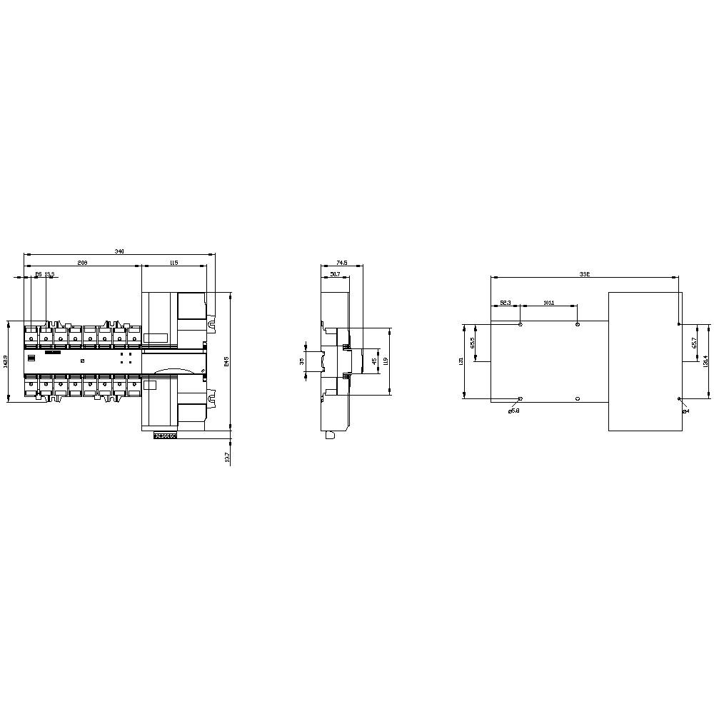 Technische Zeichnung einer Frontal- und Seitenansicht einer komplexen Maschine mit detaillierten Abmessungen in Millimetern.