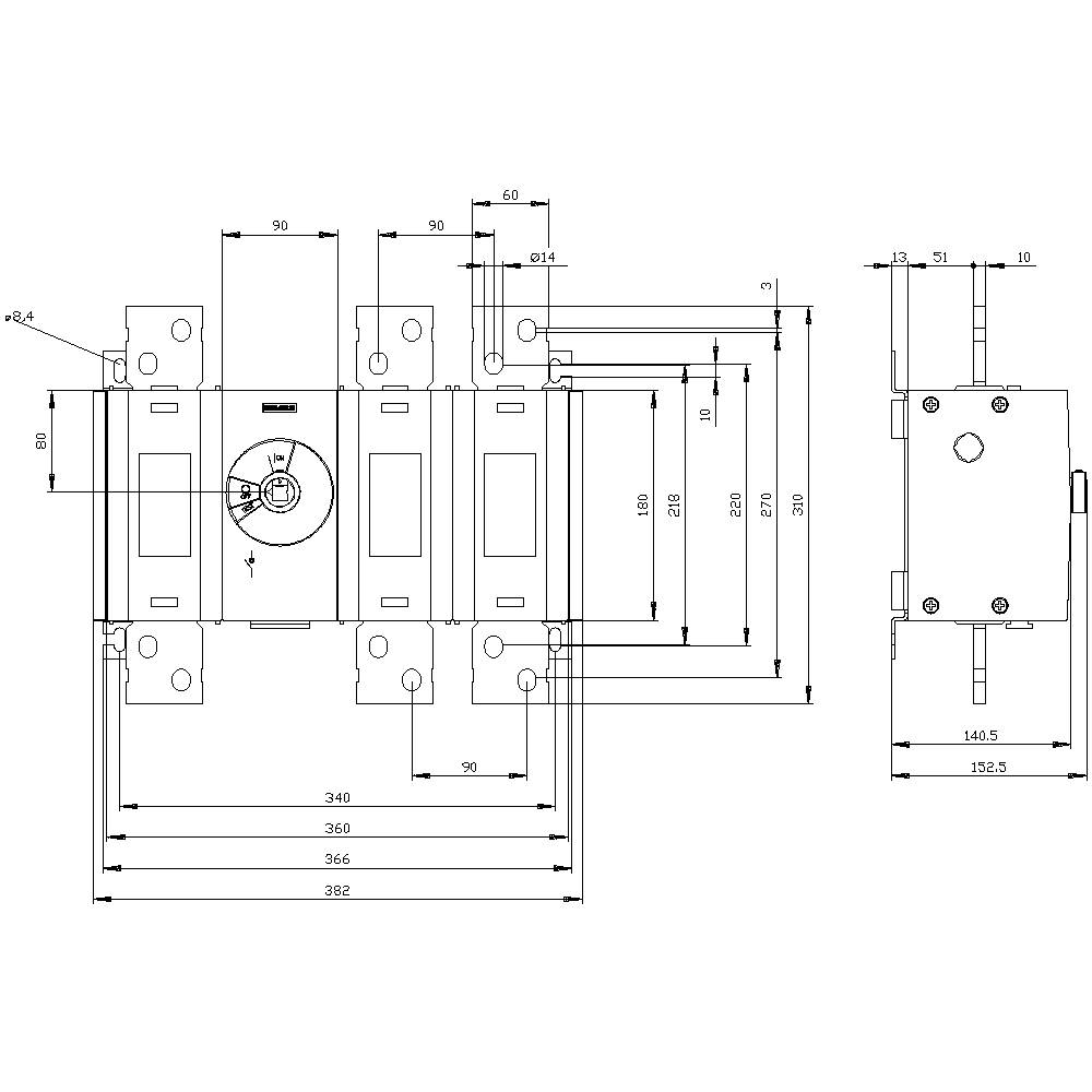 Technische Zeichnung eines elektrischen Bauteils mit detaillierten Abmessungen und Front- sowie Seitenansicht.