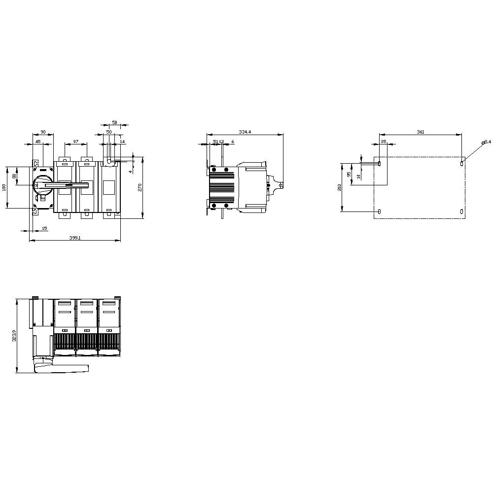 Technische Zeichnung zeigt die Abmessungen und Layout eines elektrischen Schalters mit mehreren Anschlüssen und Montageanweisungen.