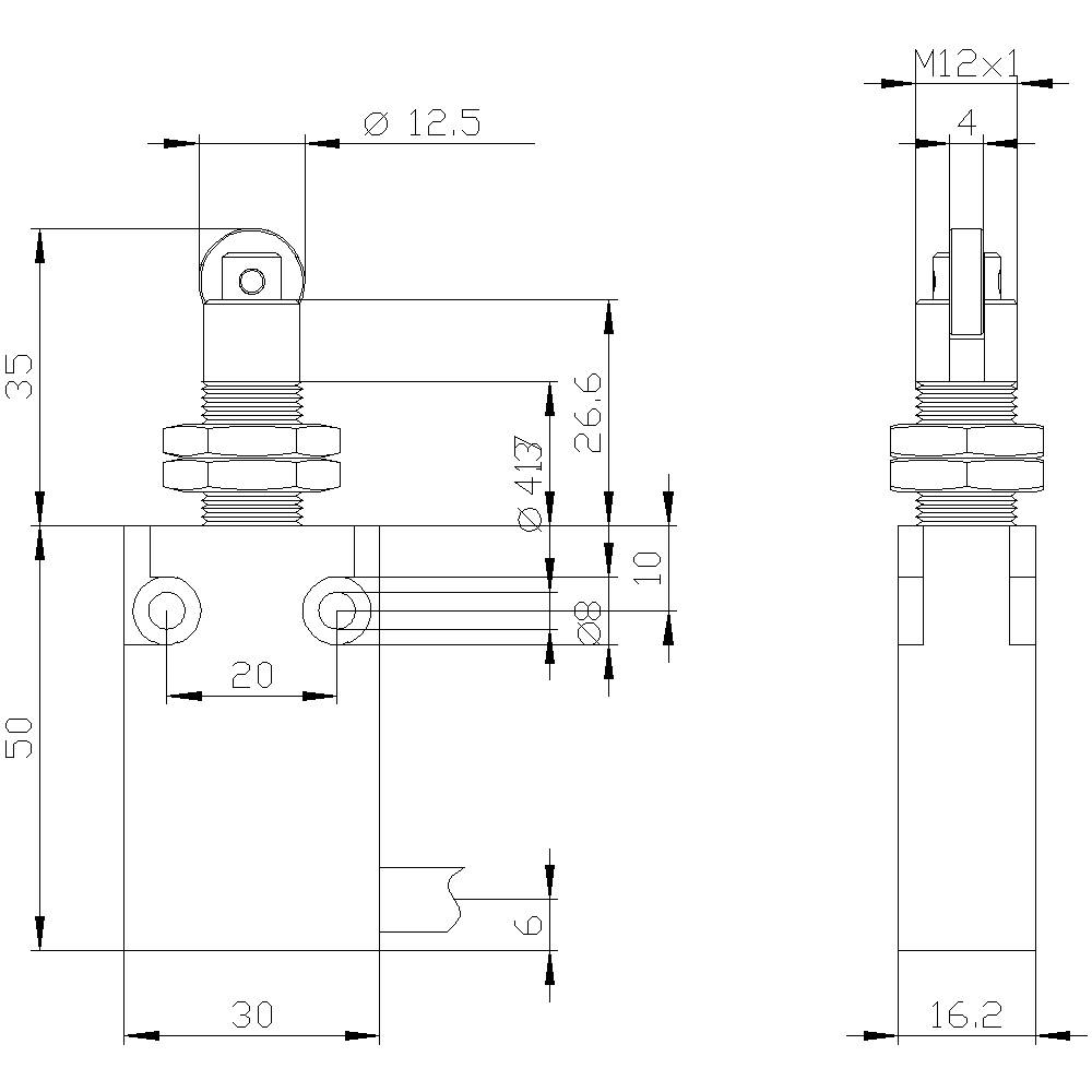 Technische Zeichnung eines pneumatischen Stellantriebs mit Maßen: Länge 50 mm, Breite 30 mm, Durchmesser 12,5 mm, Gewinde M12x1.