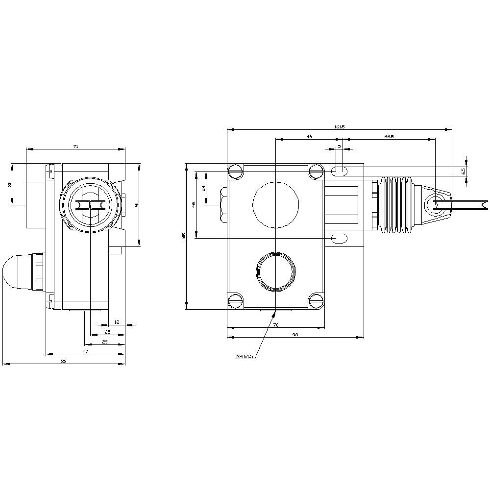 Technische Zeichnung eines mechanischen Teils mit Bemaßungen in Millimetern, zeigt zwei Ansichten. quadratische Grundform, Zylinder und Gewinde.