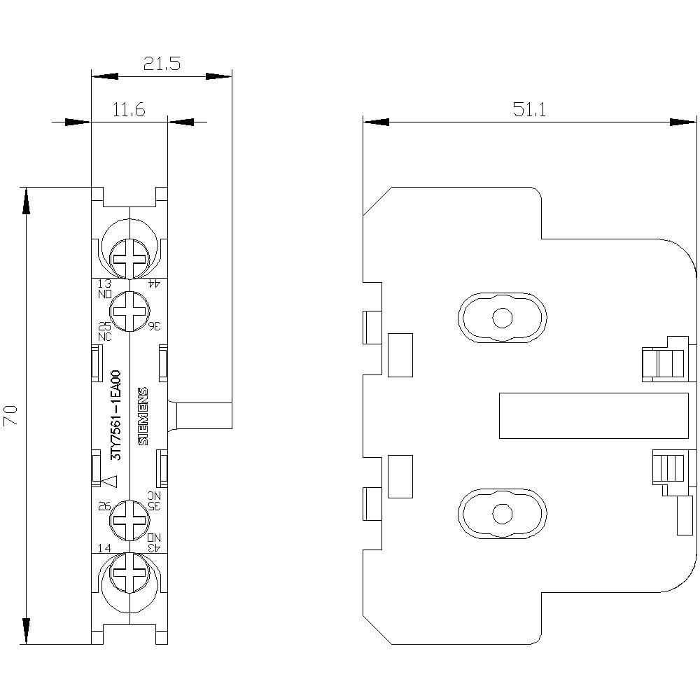 Technische Zeichnung eines elektrischen Bauteils mit Maßen: Höhe 70 mm, Breite 51,1 mm, Tiefe 21,5 mm, verschiedene Anschlusspunkte.