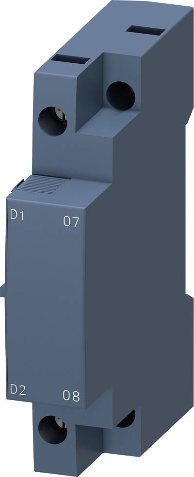 Ein blaues elektrisches Modul zur Montage in einem Schaltschrank. Es hat Anschlüsse oben und unten, mit Kennzeichnungen 'D1', 'D2', '07', '08'.