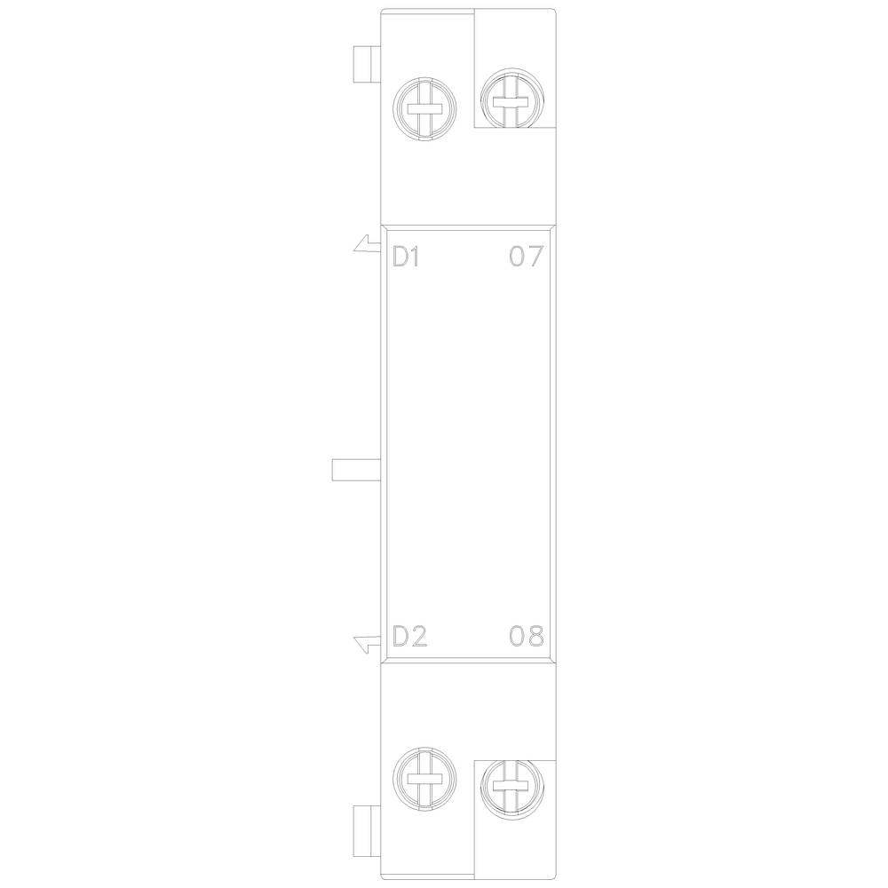 Technische Zeichnung eines elektrischen Bauteils mit zwei Schrauben oben und unten, markiert mit 'D1', 'D2', '07' und '08'.