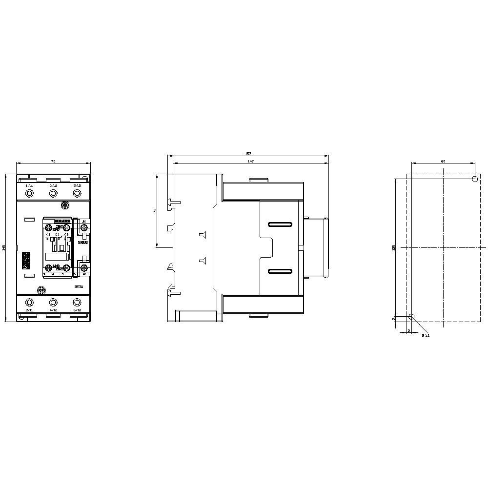 Technische Zeichnung eines Bauteils mit Vorder-, Seiten- und Draufsicht. Enthält Maßangaben und strukturelle Details des Designs.