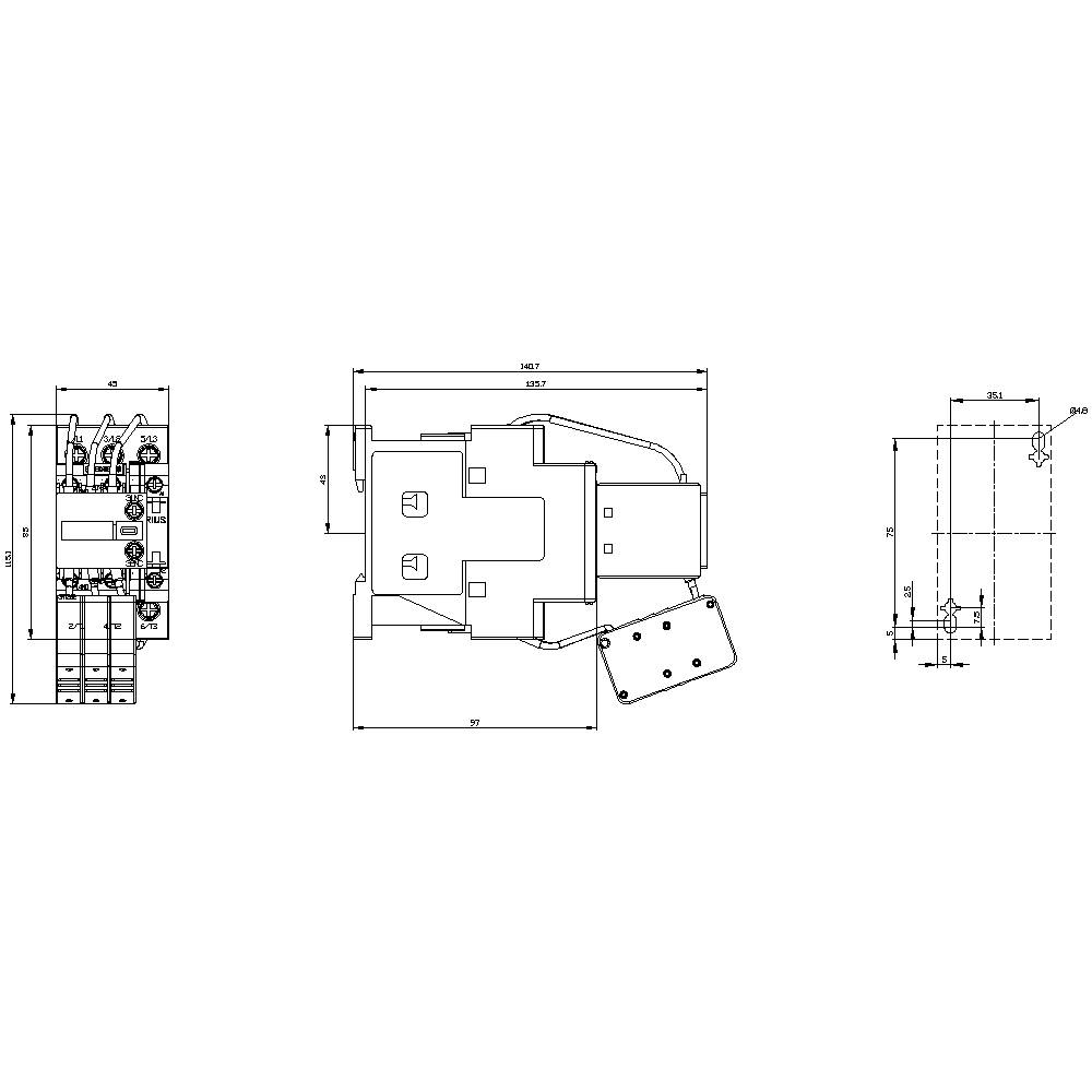 Ein technisches Diagramm eines elektrischen Schaltgeräts mit drei Ansichten und Beschriftungen zu den Abmessungen in Millimetern.