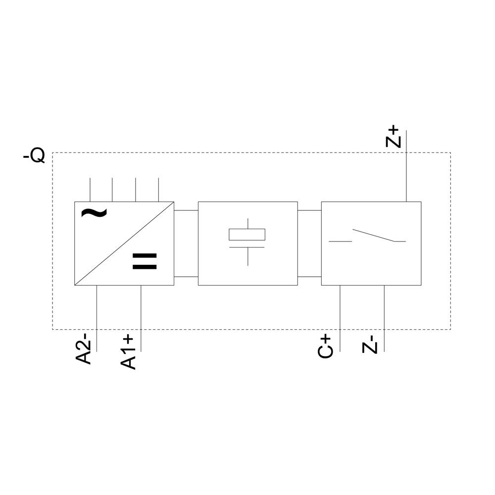 Schaltplan eines elektronischen Bauteils mit markierten Anschlüssen: A2-, A1+, C+, Z-, Z+. Enthält Symbole für Polarität und Stromfluss.