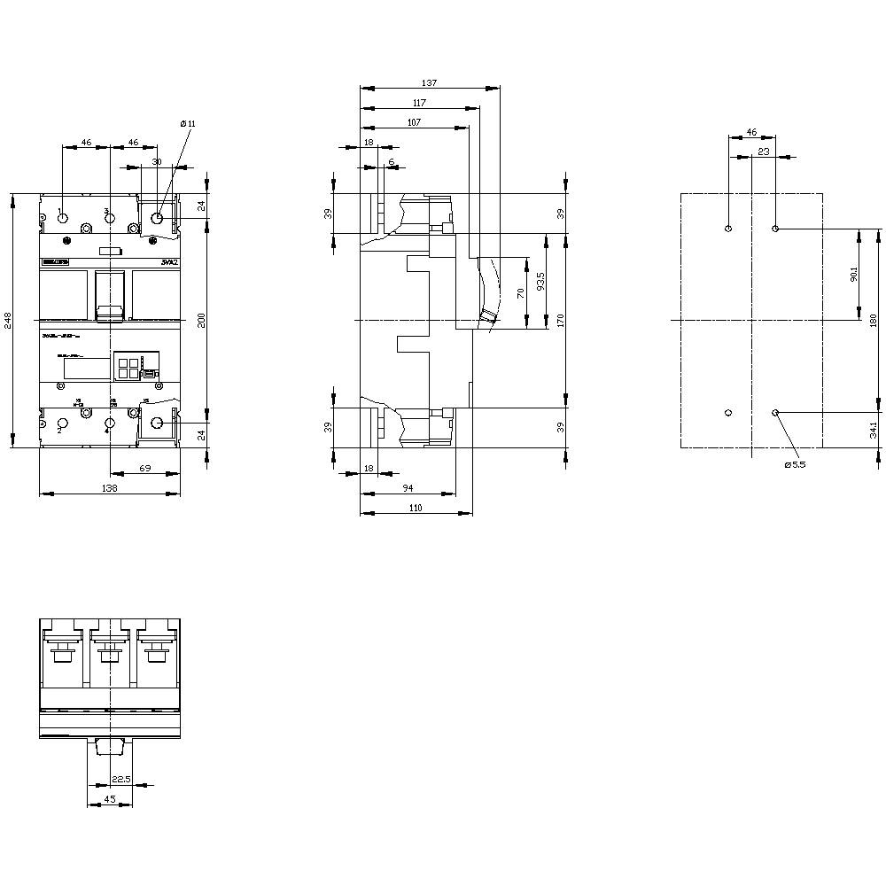 Technische Zeichnung eines elektrischen Bauteils mit mehreren Ansichten und Maßangaben, um die genauen Dimensionen zu zeigen.