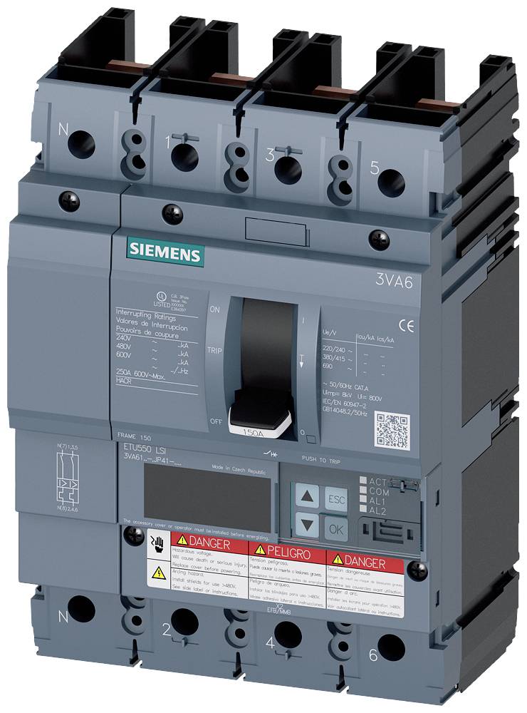Siemens 3VA6115-5JP41-0AA0 Leistungsschalter 1 St. Einstellbereich (Strom): 60 - 150 A Schaltspannung (max.): 600 V/AC (B x H x T) 140 x 198 x 86 mm