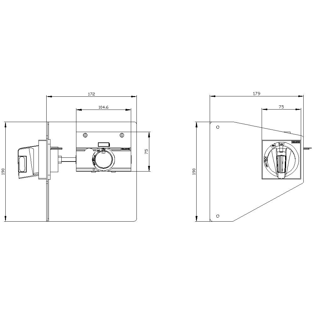 Technische Zeichnung eines Schaltkastens mit detaillierten Maßangaben in Millimetern, von zwei Perspektiven dargestellt.