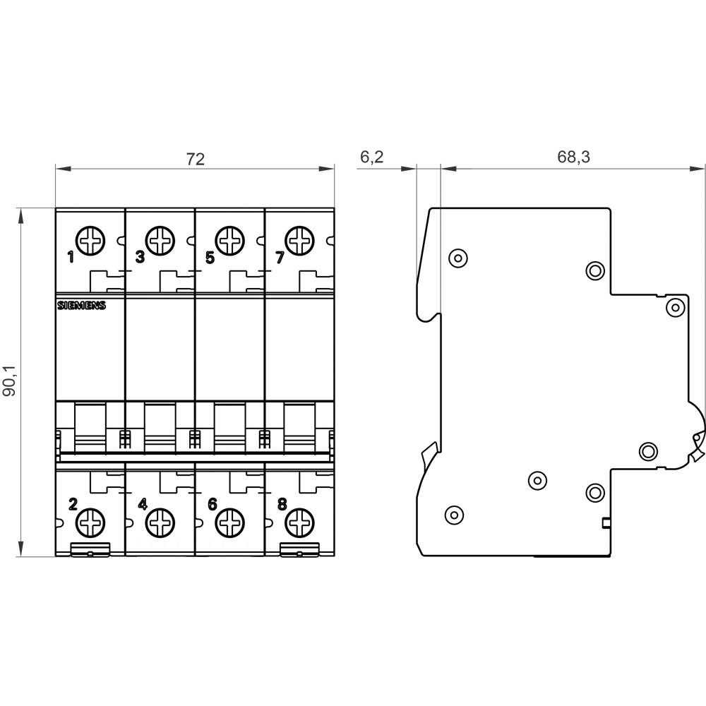 Technische Zeichnung eines elektrischen Schalters mit Maßangaben in Millimetern. Zeigt Vorder- und Seitenansicht mit Abständen und Anschlüssen.
