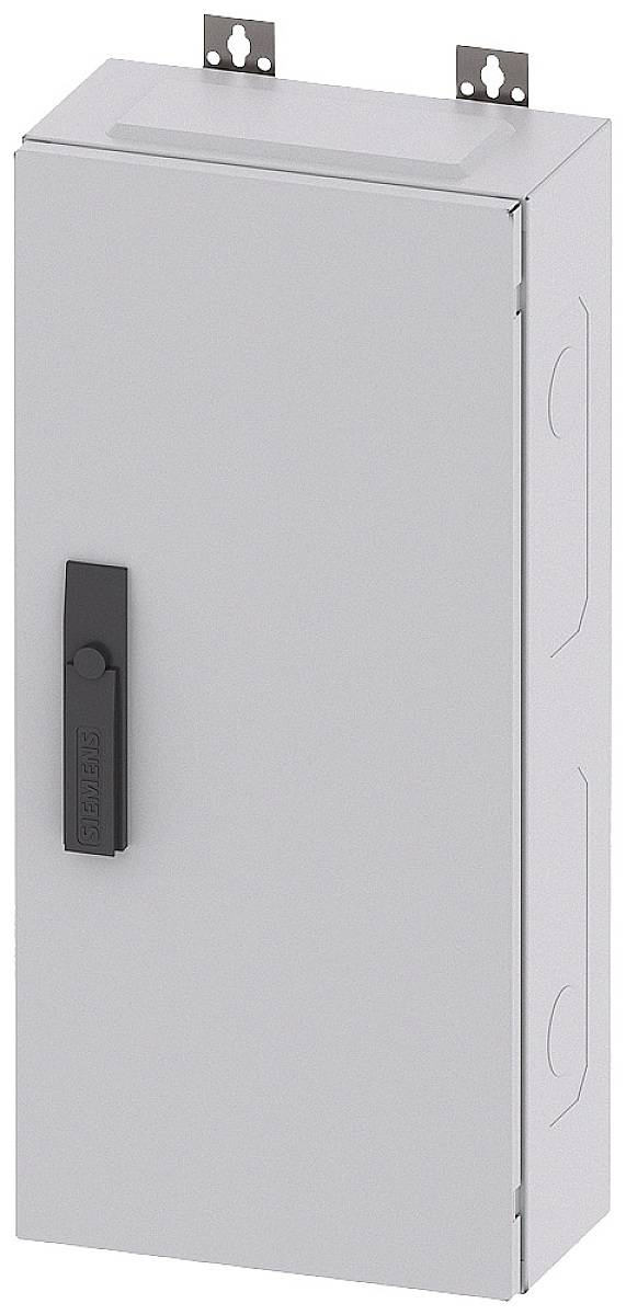 Grauer, rechteckiger Elektroschrank mit schwarzem Griff an der Vorderseite, zur Unterbringung elektronischer Geräte oder Sicherungen.