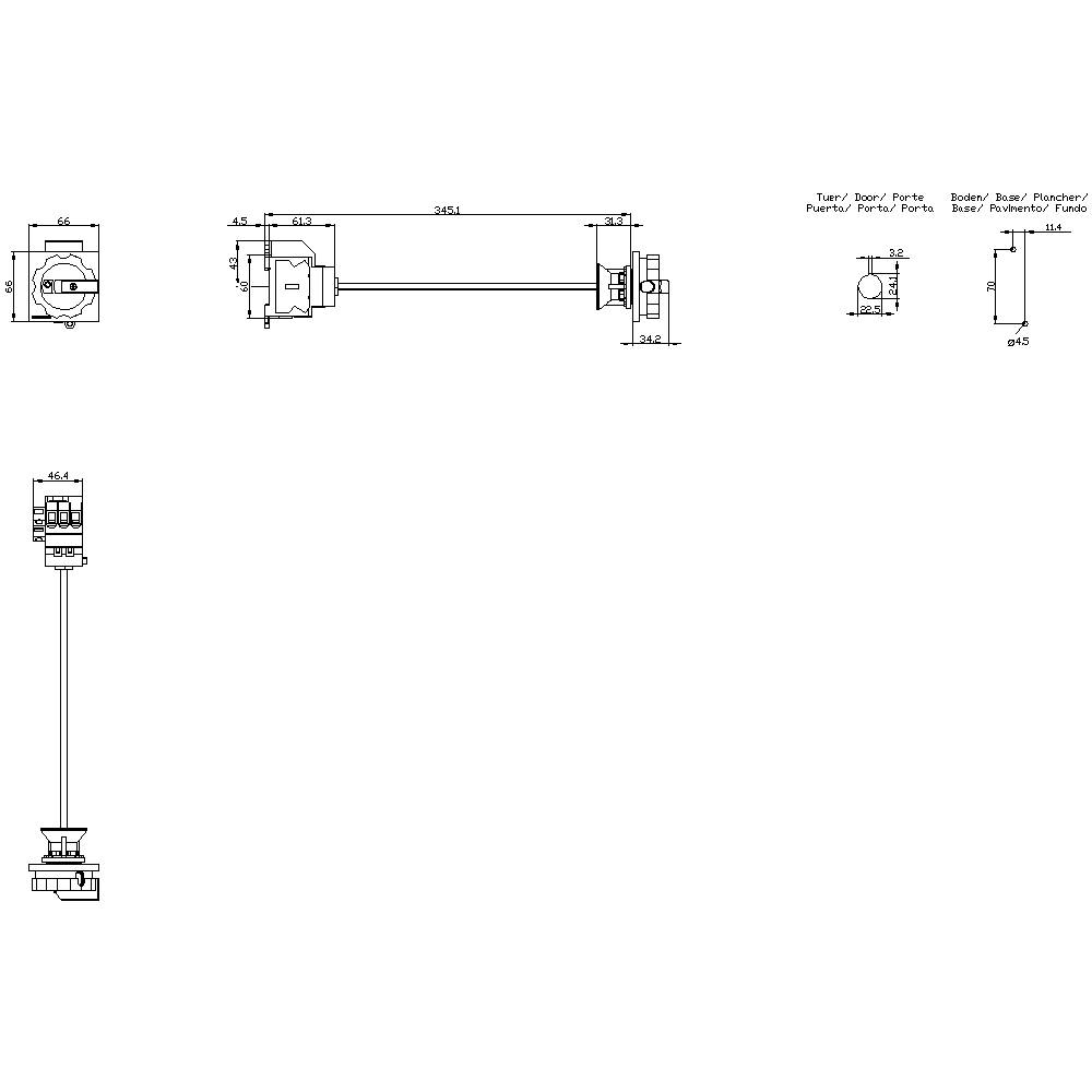 Technische Zeichnung zeigt Abmessungen und Details eines Türschließers, inklusive Seiten- und Schnittansichten mit Bemaßungen.