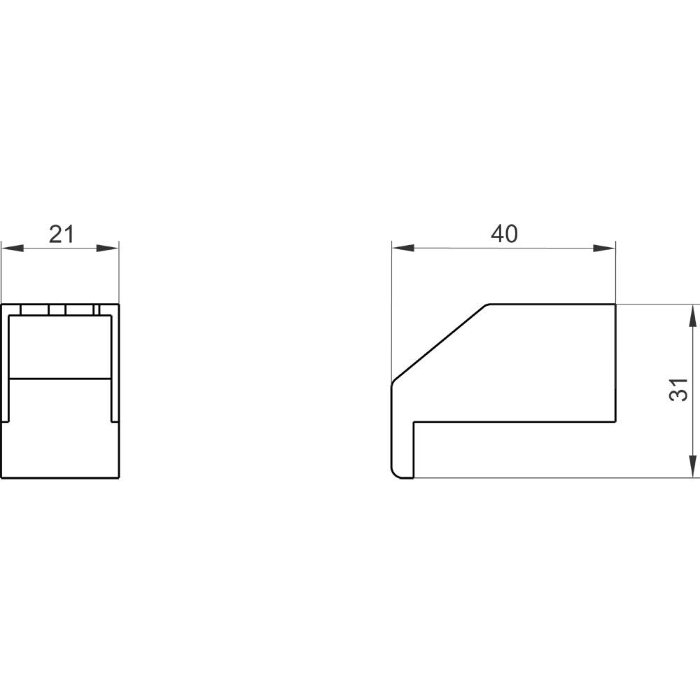 Technische Zeichnung eines Winkelelements. Seitenansicht zeigt Maße: Breite 21 mm, Höhe 31 mm, Länge 40 mm.