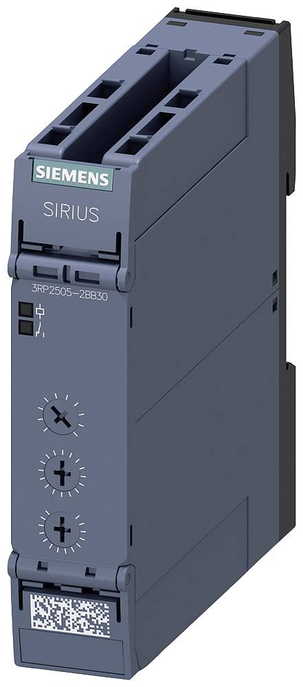 Elektronisches Zeitrelais von Siemens, Modell SIRIUS, blaues Gehäuse, mit Drehknöpfen für Zeiteinstellung, Modellnummer 3RP2505-1SB30.