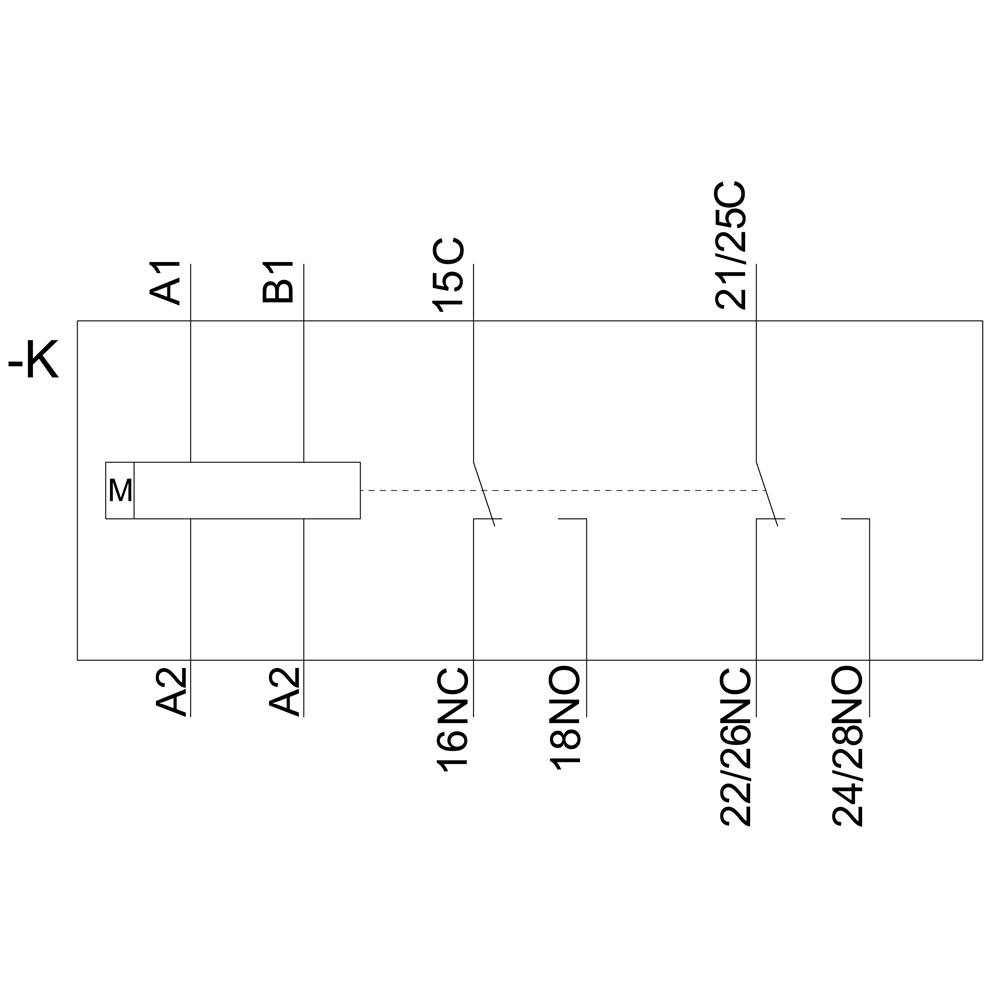 Rechteckiger Schaltplan mit markierten Punkten: A1, A2, B1, M. Verbindungen zu 15C, 16NC, 18NO, 21/25C, 22/26NC, 24/28NO.