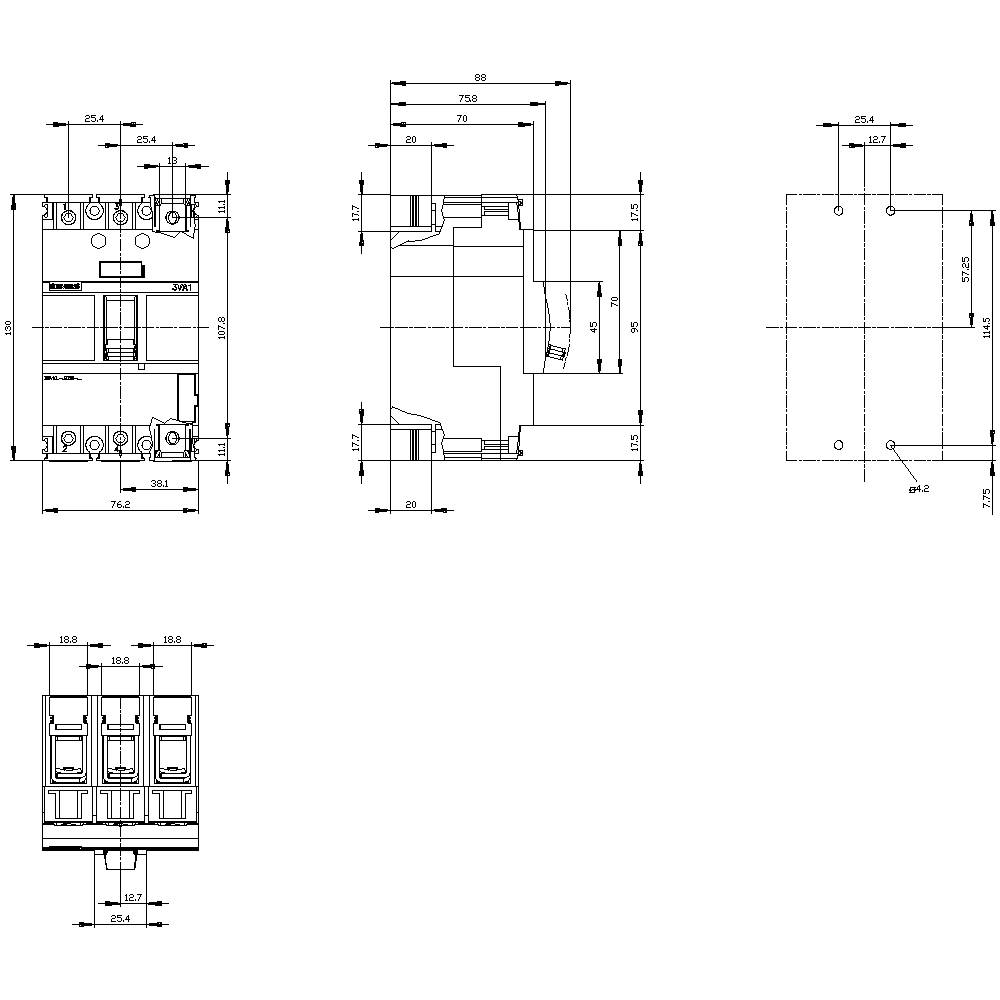 Siemens 3VA1063-3ED36-0AA0 Leistungsschalter 1 St. Einstellbereich (Strom): 63 - 63A Schaltspannung (max.): 690 V/AC (B x H x T)