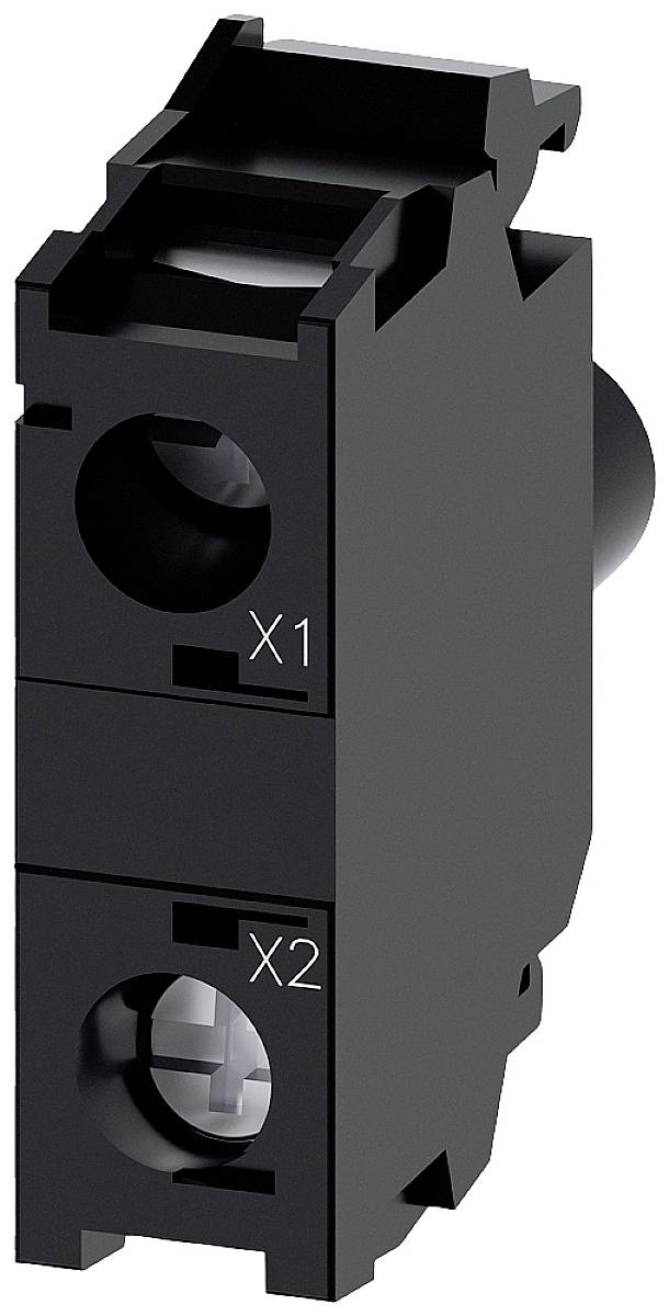 Schwarzer elektrischer Schalterblock mit den Beschriftungen 'X1' und 'X2', zwei Anschlüssen und einem rechteckigen Druckpunkt oben.