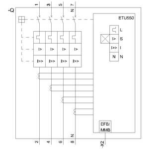 Schaltplan eines elektrischen Bauteils, ETU550, mit Beschriftungen L, S, I, N. Kabelverbindungen sind nummeriert, EFB/MMB angezeigt.