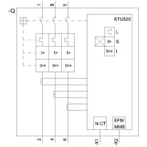 Diagramm eines Schutzschalters mit ETU550 und vier Schaltstellungen, zeigt Signale und Anschlüsse für L, S, I und zugehörige Verkabelung.