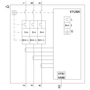 Schaltschema mit einem ETU330-Schutzgerät. Zeigt Anschlüsse und Überstromschutzschalter. Wichtige Linien und Kontakte nummeriert.