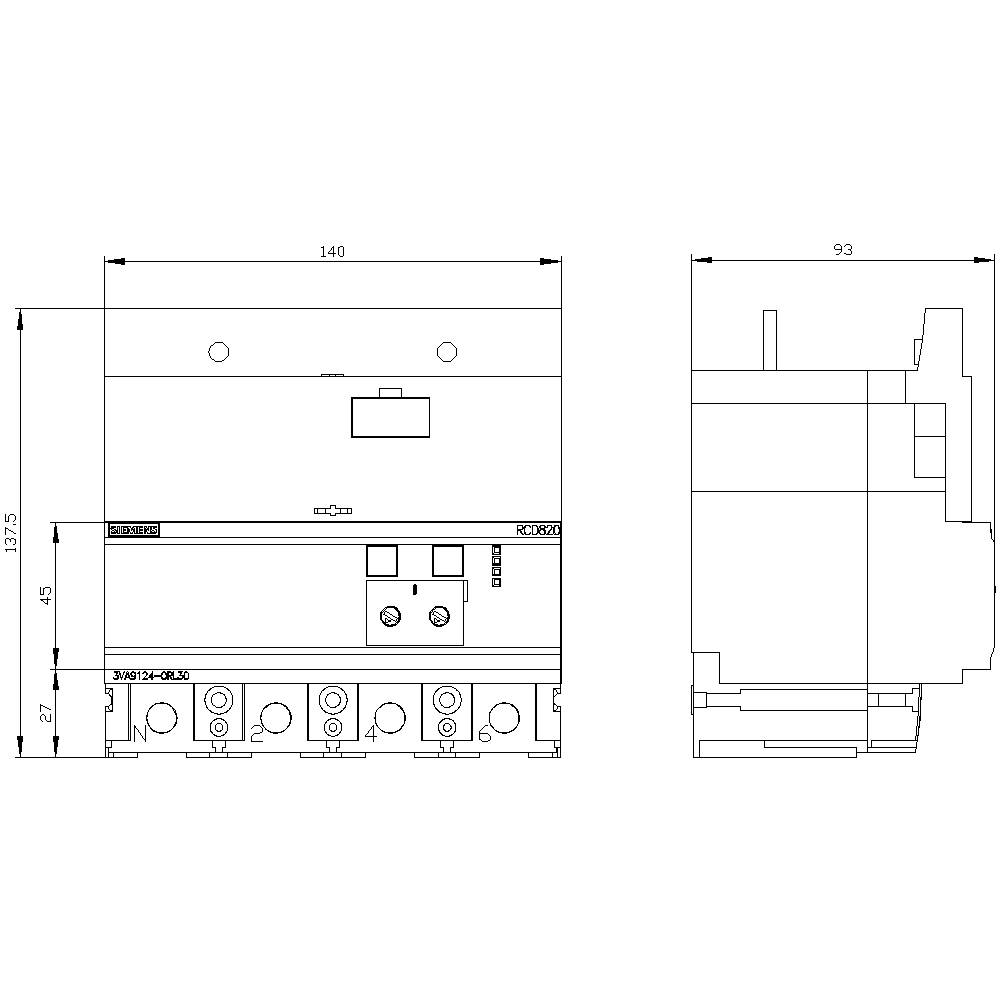 Technische Zeichnung eines elektrischen Schalters mit Maßen: 140 mm Breite, 135 mm Höhe, 93 mm Tiefe. Draufsicht und Seitenansicht.