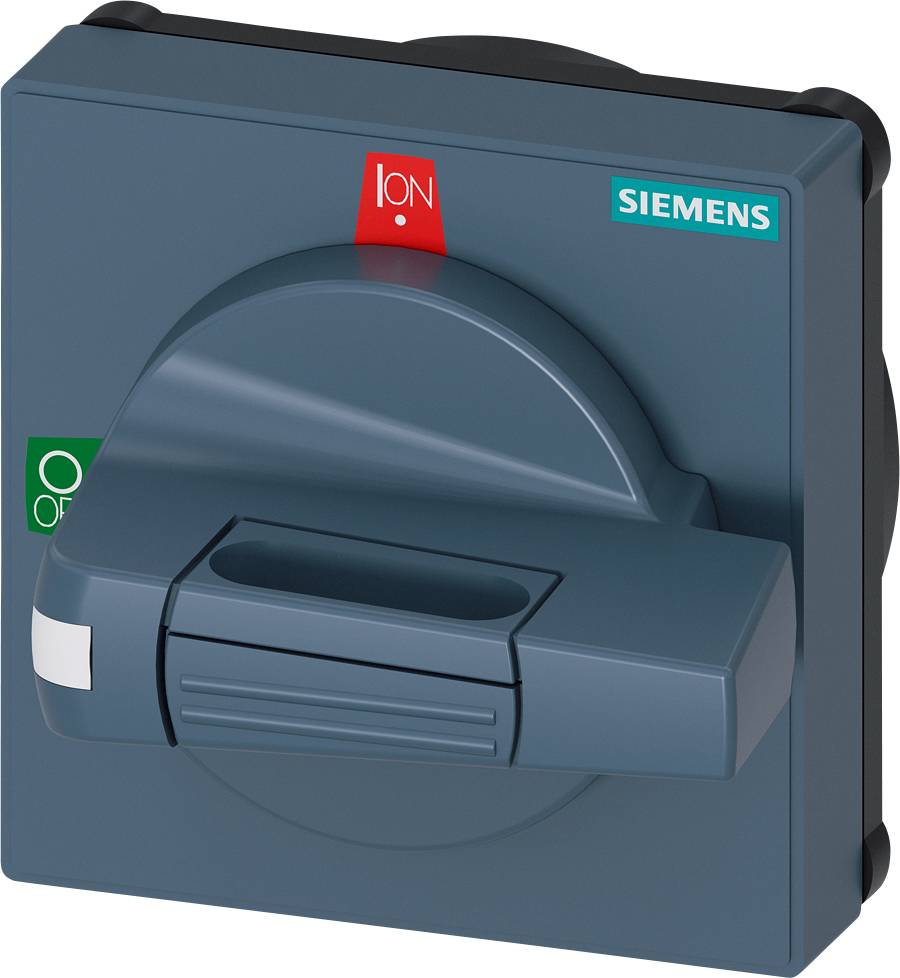 Ein blauer Siemens-Schalter mit einem großen Hebel. Oben leuchtet ein rotes 'I ON'-Licht, unten links ein grünes 'O OFF'-Symbol.
