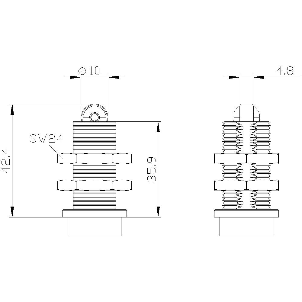 Technische Zeichnung eines zylindrischen Steckverbinders mit Maßen: Höhe 42,4 mm, Durchmesser 10 mm, SW24 Mutter. Seitenansicht zeigt Gewinde.