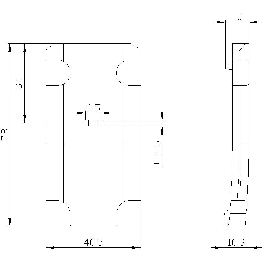 Technische Zeichnung eines Bauteils mit Seitenansicht. Maße: 78 mm Länge, 40,5 mm Breite, 34 mm Höhe. Verschiedene Bohrungsdurchmesser markiert.