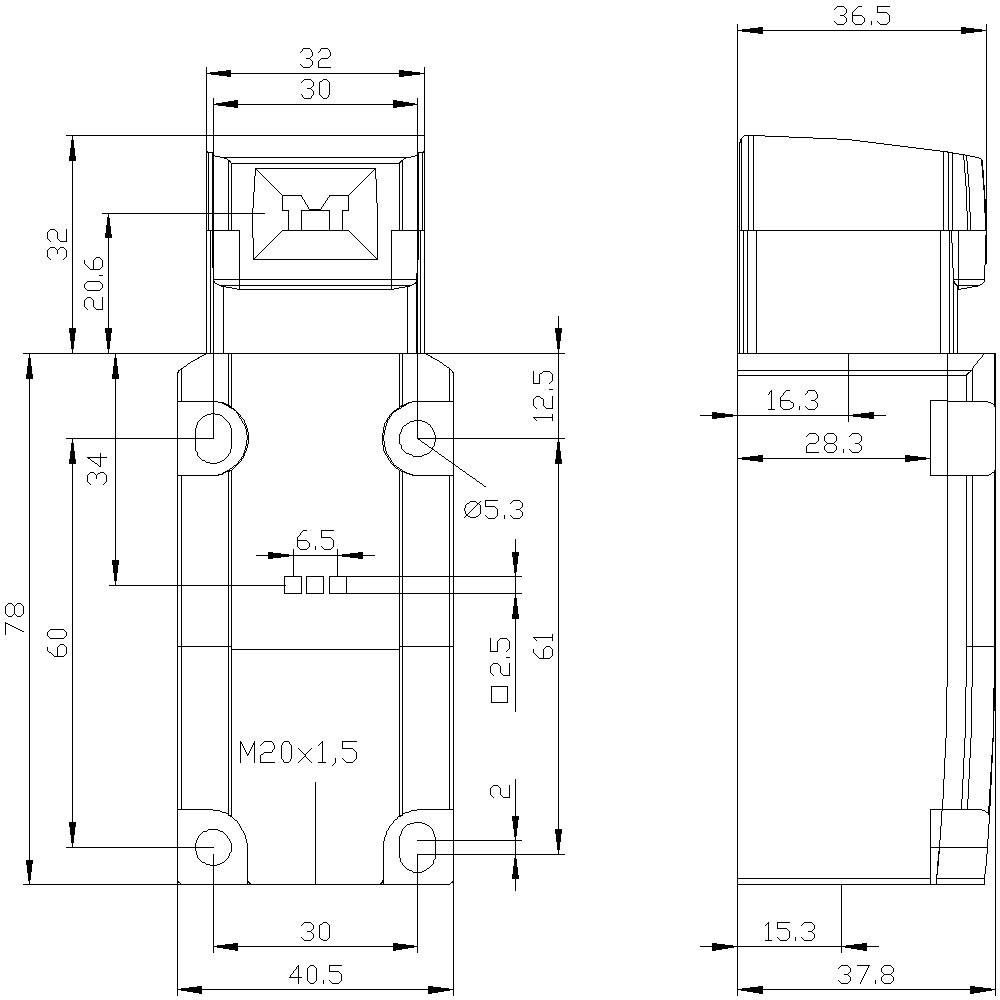 Technische Zeichnung eines Schalters mit Maßen: Breite 36,5 mm, Höhe 78 mm. Details beinhalten Bohrungsdurchmesser und Montagepunkte.