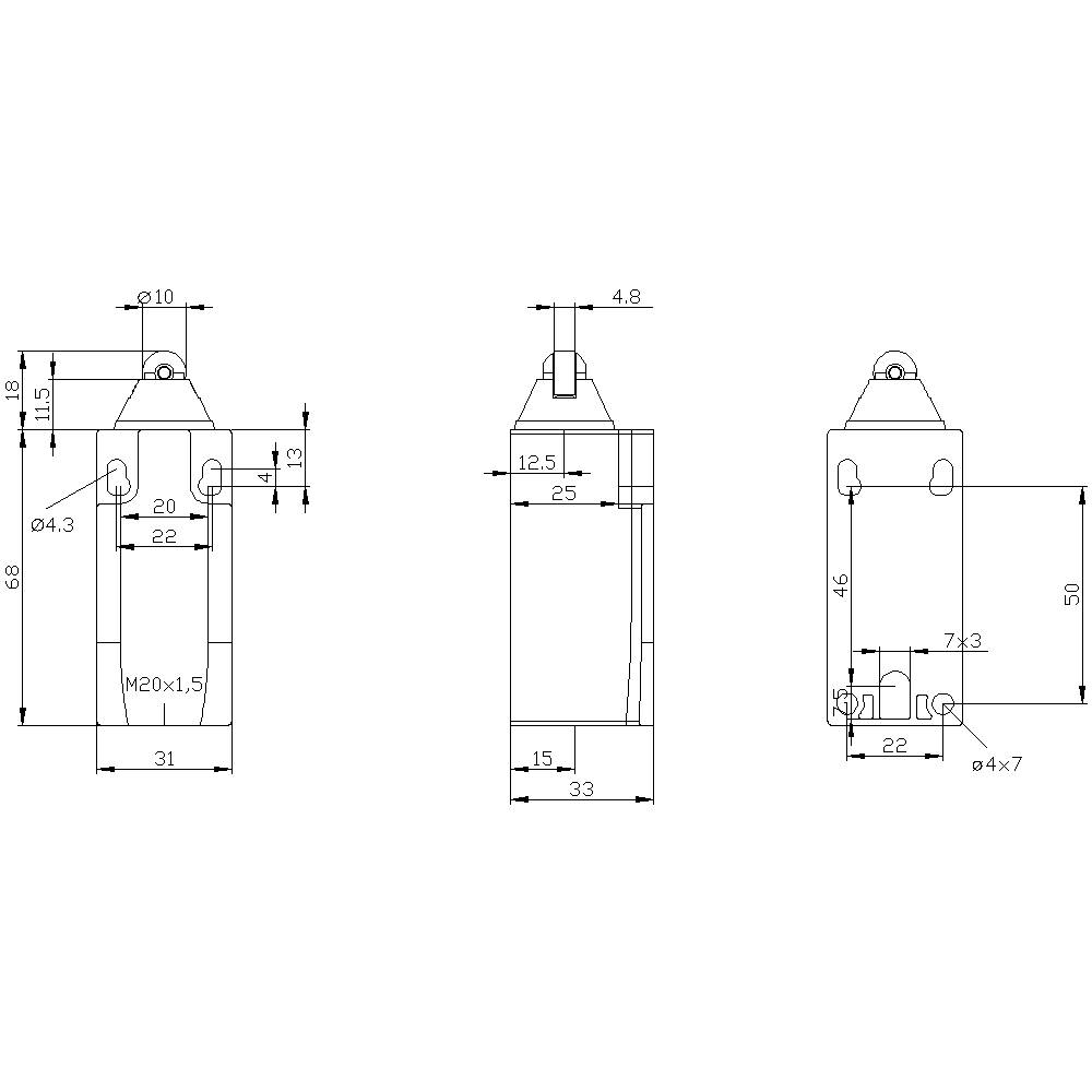 Technische Zeichnung eines mechanischen Bauteils mit Maßangaben wie Breite, Höhe und Durchmesser. Zeigt Ansichten von vorne, rechts und oben.